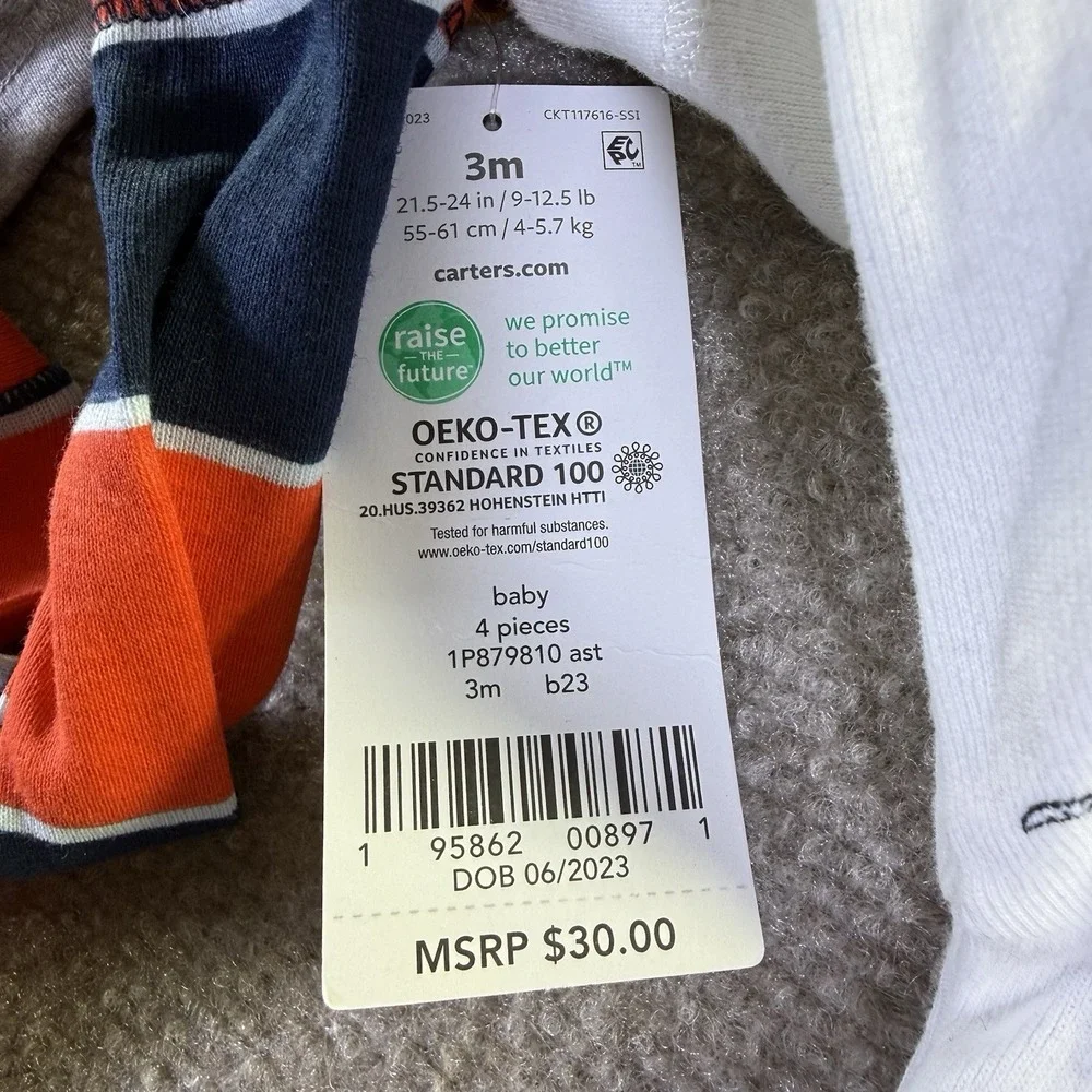 Carters Long Sleeve Bodysuits 4 Pack NWT Size 3 Months Dinos & Stripes